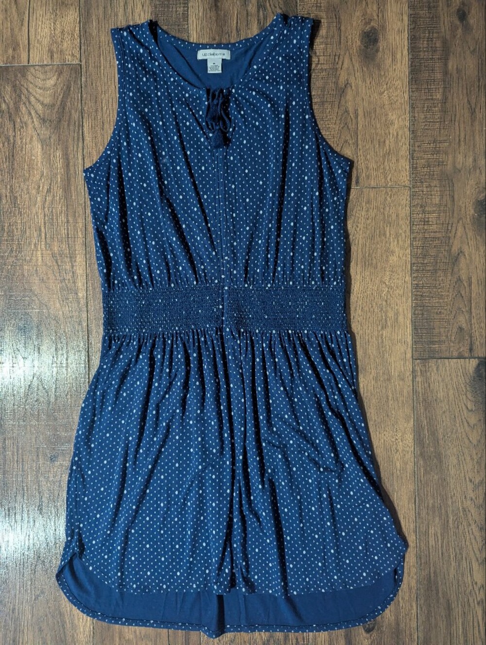 Liz Claiborne Navy w/ White Speckle High Low Dress Elastic Waist Tassels Size XL
